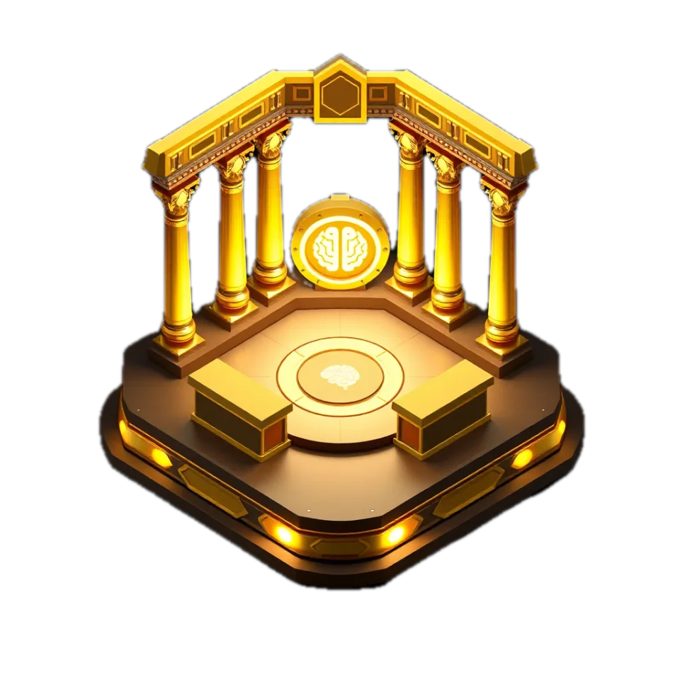 The Gold battle arena: gold columns around a vault door with a brain emblem.